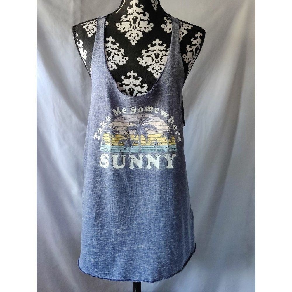 SO Perfectly Soft Blue Burnout Graphic Tank Top Take Me Somewhere Sunny Large